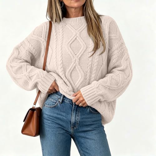 Sweaters for Women Cable Knit Crew Neck Pullover Oversized Loose Fall Tops - image 3