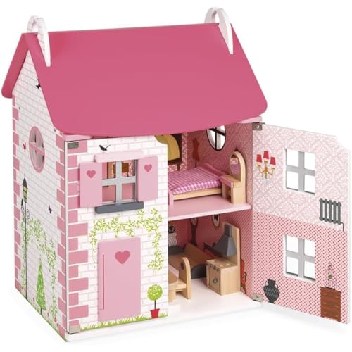 Janod - Maison de Poupée en Bois Mademoiselle - 3 Etages et 11 Accessoires Inclus - Jouet d'Imitation - Développer l'Imagination - Dès 3 Ans , J06581, Rose