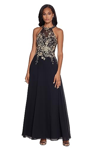 Betsy & Adam Women's Long Embroidered Halter Chiffon Gown, Black/...
