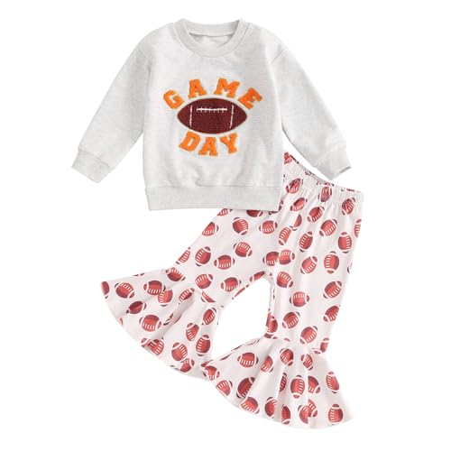 Dewadbow Toddler Baby Girl Football Outfits Game Day Embroidery Sweatshirt Top Football Bell Bottom Pants Cute Fall Clothes (Light Gray, 2-3 Years)