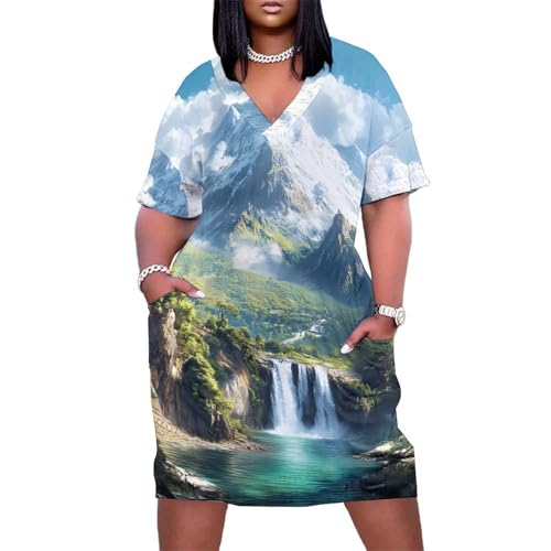 Mountain Waterfall River Landscape Loose Dress for Women Short Sleeve Plus Size V Neck Summer Mini Dresses with Pockets S