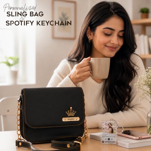 Image of SAVRI Personalized Rakhi Gift for Sister | Customized Leather Sling Bag with Name & Charm and Spotify Photo Keychain with Favourite Song, Personalised Gift Combo for Sister, Behan, Didi- Bro Sis Gift
