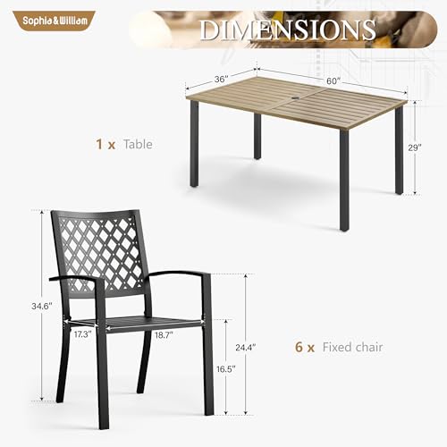 Image of Sophia & William Patio Table and Chairs Set, Outdoor Dining Set for 6, 7 Piece Metal Patio Furniture, 60 inch Rectangular Table with Wood-Like Tabletop(Diamond)