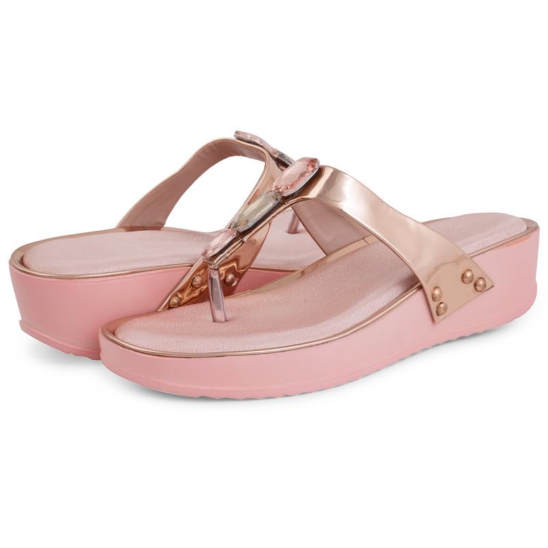 Image of XE Looks Women's Fashion Wedges | Stylish & Trendy Metallic Sandals with Stone Details | Comfortable Cushioned Footbed & Lightweight Design Wedges For Girls & Women UK-7