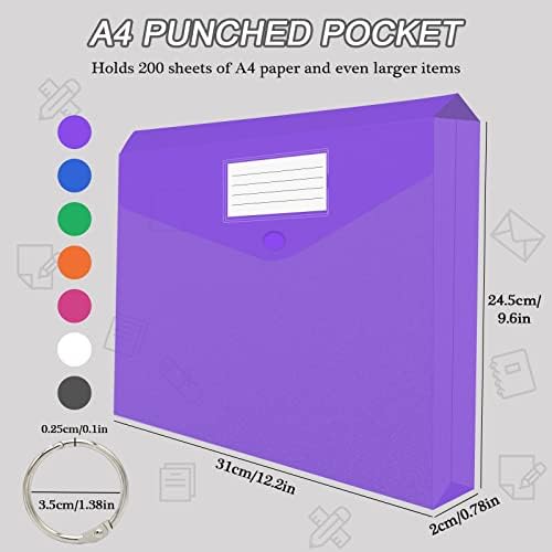 A4 Plastic Wallets Folders 14Pcs Punched Pockets Plastic Document Files Popper Wallets with Pocket for Home, Office and School