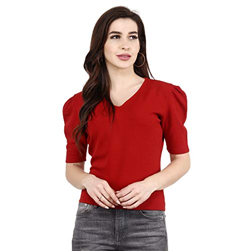Image of POPWINGS Casual Solid Puff-Sleeves Crop Top for Women || V-Neck Crop Top for Women || Half-Sleeves Summer Crop Top for Women || Crop Tops for Women Fancy Crop Top for Women