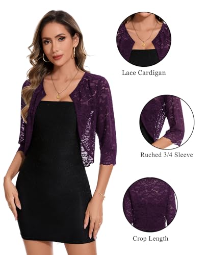 Image of MINTLIMIT Women's Elegant Floral Lace Shrug Bolero Summer Lightweight 3 /4 Sleeve Hook Open Front Cropped Cardigan for Dresses