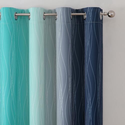 Estelar Textiler Navy Blue and Teal Blackout Curtains 72 Inch Length 2 Panels Set, Full Room Darkening Grommet Ombre Curtains for Bedroom, Thermal Insulated Light Blocking Gradient Drapes, 52Wx72L