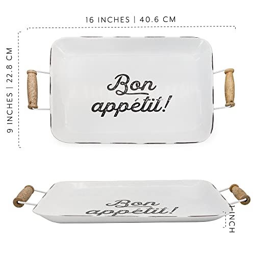 AuldHome Design Enamelware Bon Appetit Tray (White); Distressed Farmhouse Style Metal Decorative Serving Platter
