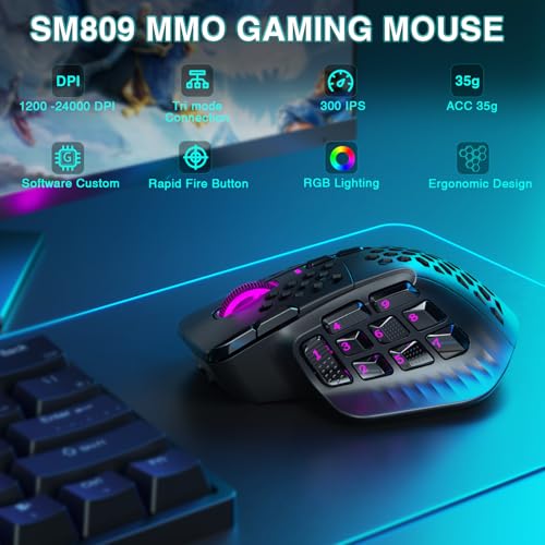 SM809 Pro Wireless MMO Gaming Mouse with 9 Side Buttons,24000 DPI,Triple Connectivity (2.4G/BT5.0/Wired) RGB MMO Mouse for Gamer,16 Programmable Macros,Up to 350H Battery Life,Black - Image 3