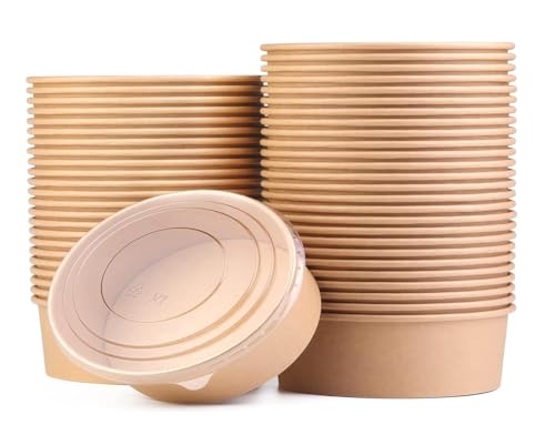 Amit Marketing 500 ML Brown Round Paper Bowl with Lids, Disposable Take Out Food Containers Storage Box for Hot/Cold Foods, Party Supplies for Soup, Salad, Dessert, Pasta, Noodles (10 PCS)
