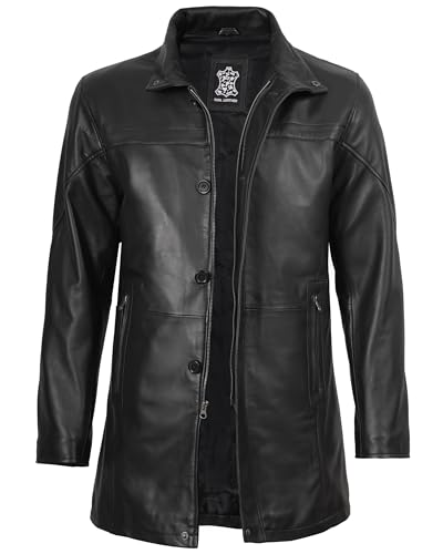 Image of fjackets Men's Lambskin Leather Car Coat - Stylish Long 3 /4 Casual Leather Jacket Men Outerwear