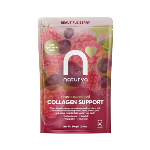 Naturya Vegan Superfood Collagen Support Beautiful Berry 140 g Plant-Based Collagen Builder with Vitamin C Hyaluronic Acid & Mixed Berry Flavour