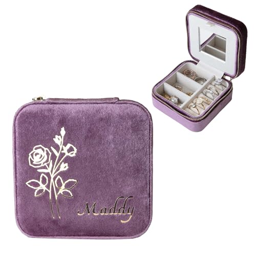 Customizable Compact Velvet Jewelry Box with Mirror, Travel Jewelry Case, Travel Jewelry Organizer, Jewelry Box for Women and Girls, Small Jewelry Organizer (Flower Design, Mulberry)