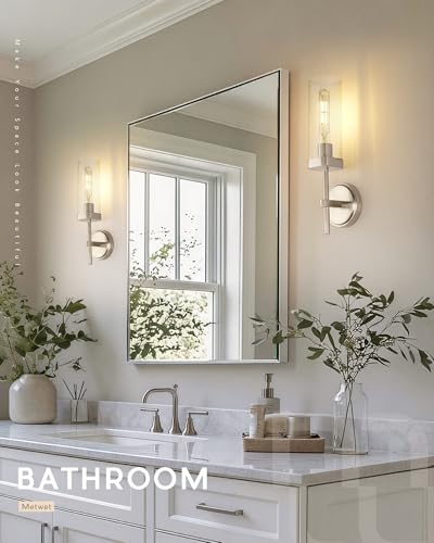 Image of Modern Wall Sconces Set of 2, Brushed Nickel Bathroom Vanity Sconces with Square Clear Glass Shade, Wall Mount Lights for Mirror Bedroom Hallway, Upward Lighting Only, E26 Base, VL262-BN-2PK