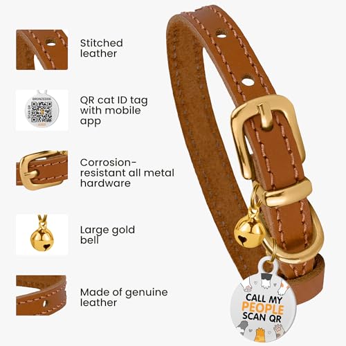 BRONZEDOG Katzenhalsband aus Leder mit Glöckchen, Nicht abreißbar, QR-Tag für Mädchen und Jungen (Hellbraun und Gold, 18-23 cm)