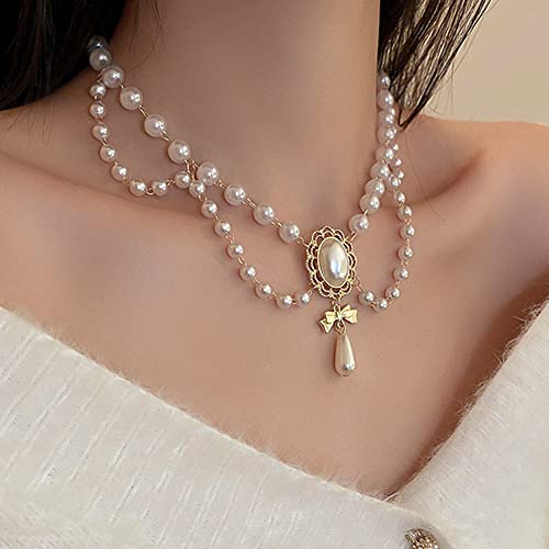 Women Bridal Vintage 1920s Imitation Pearl Necklace Layered Tassels Shiny Bow Choker Necklace Fashion Simple Necklaces for Women Party3