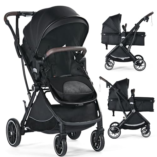 Image of TODEFULL Baby Stroller, 3 in 1 Folding High Landscape Infant Stroller & Convertible Bassinet Pram for Newborn, Portable Baby Carriage Pushchair W/Adjustable Canopy, Cup Holder, Storage Basket, Black