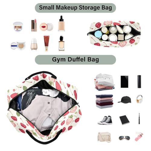 Strawberry Cherry Leaf Travel Duffle Bag Gym Bag Weekender Bags with Toiletry Bag Travel Trip Tote Bag4