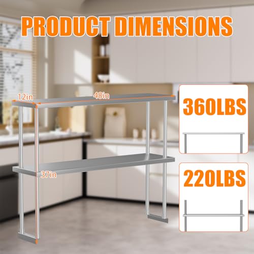 Garvee 12"x48" Stainless Steel Overshelf for Prep & Work Table, 360Lb Capacity Commercial 2 Tier Worktable Shelf, Adjustable Double Overshelf for Restaurant, Kitchen, Garage, Workshop