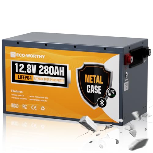 ECO-WORTHY 12V 280Ah Metal Case LiFePO4 Lithium Battery with Bluetooth, Low-Temp Protection, Built in 200A BMS, 3584W Max for Off-Grid Solar, RV, Camper, Trolling Motor, Home Use