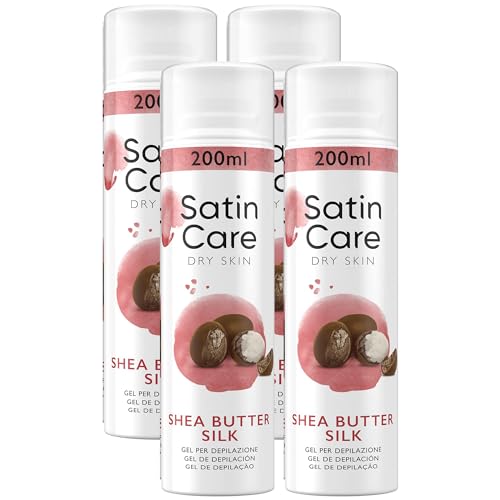 Gel Per Depilazione, SATIN CARE, Al Burro Di Karitè, Progettato Appositamente Per La Pelle Secca, Lasciando La Pelle Morbida, Liscia e Levigata Ogni Volta Che Ci Si Depila 200ml (4 Bombolette)