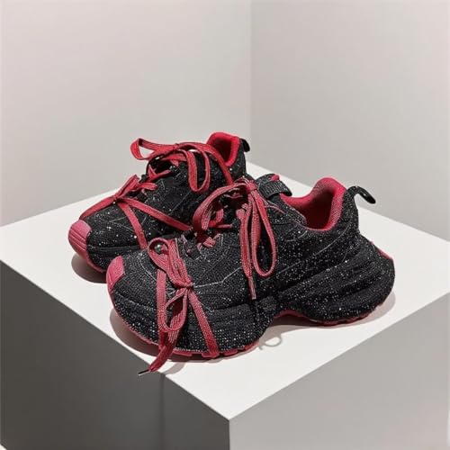 Women Chunky Sneakers, Full Rhinestone Dad Shoes, Thick Sole Height Increasing Bow Tie Straps Girls Shining Footwear4