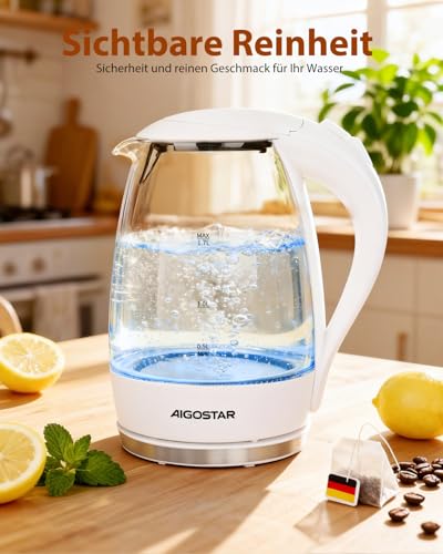 Aigostar Glas Edelstahl Elektrischer Wasserkocher mit LED-Beleuchtung Weiß – Ansicht 2