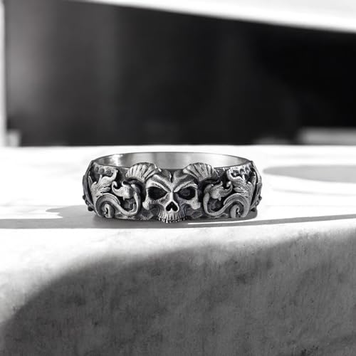 Gothic Skull Ring For Men in 925 Sterling Silver, Vintage Gothic Jewelry For Men; Boyfriend - Dad - Husband, Punk Oxidized Silver Band, Handcrafted Biker Mens Ring with Demon, Gifts For Him4