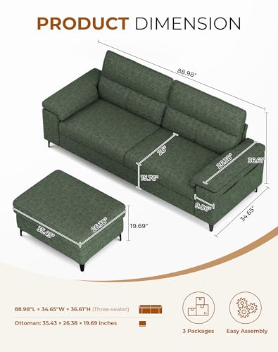 Image of Upvilla 88.97 inch L Shaped Sectional Couches for Living Room(Green)