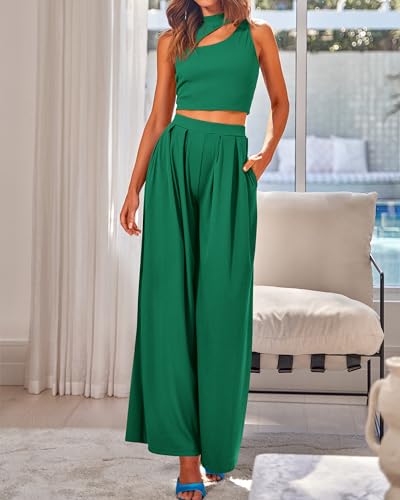 Image of BTFBM Women 2 Piece Outfits Spring Summer Tracksuits Mock Neck Sleeveless Cutout Crop Top Wide Leg Long Pants Sweatsuits