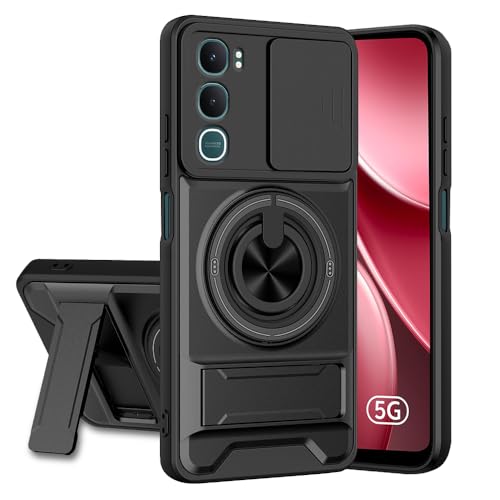 AELVOUX Vivo Y31 5G Back Cover | Armor Camera Slider 360 Degree Rotating Finger Ring Holder Case with Bracket Stand Back Case Cover (Compatible with MagSafe Accessories) (Black)