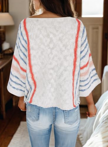 Dokotoo Womens 2025 Fall Casual Crewneck 3/4 Sleeve Striped Lightweight Knit Trendy Boho Tops Pullover Sweaters2