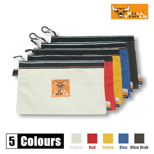 Image of BULL TOOLS Tool Pouch 100% Cotton Canvas 16 oz Tool Organizer Bag, Wrench Holder Pouch, Multi-Purpose Wrench Organizer Bag 5 Pack, Utility Organization Bags, Heavy Duty Brass Zipper, Metal Carabiner