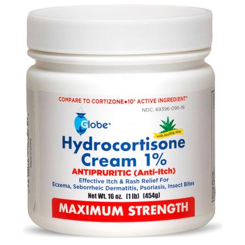 Globe Hydrocortisone Maximum Strength Cream 1% w/Aloe, 16 oz, Anti-Itch Cream for Redness, Swelling, Itching, Rash, Bug/Mosquito Bites, Eczema, Hemorrhoids & More, 16 oz Jar