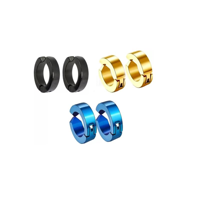 Fashion Punk Non-Piercing Ear mens jewelry (3 Pairs) Black Gold Blue Stainless Steel Earrings For Men And Women-image-29