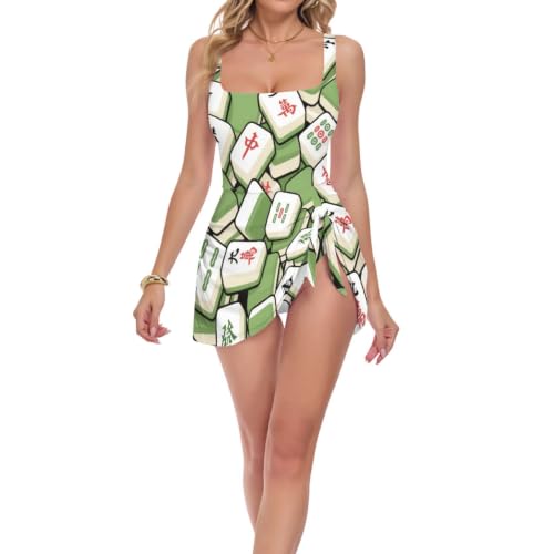 Maillot de bain une pièce vert à motif Mahjong chinois pour femme avec bretelles réglables