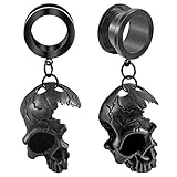 Vankula 2 PCS Black Skull Pendant Hypoallergenic Stainless Steel Plugs Ear Gauges Tunnels Piercing Expander Stretchers Fashion Body Jewelry (Black, 8mm(0g))