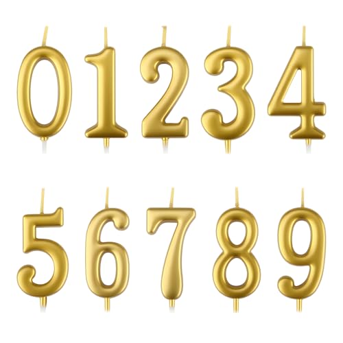 Set de 10 Bougies d'Anniversaire Numéro Gâteau Chiffres 0 à 9, Bougies d'Anniversaire Élégantes, Décoration de Gâteau Toppers pour Fêtes, Mariages (Or)