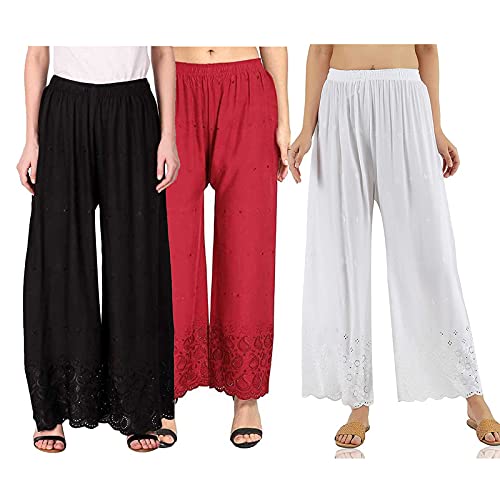 Buy RZLECORT Comfortable Light Weight Soft Rayon Chikan Emroidred Plazo /Pant/Trouser Combo for Girls u0026 Women|Free Size Waist|Pack of 3| at  Amazon.in