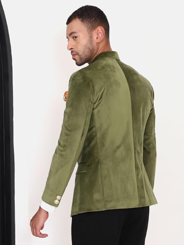 Image of MANQ Men Slim Fit Bandhgala Velvet Blazer - Mandarin Collar, Button Closure, Long Sleeves, Solid Ethnic Winter Wear with Three Pockets for Adults