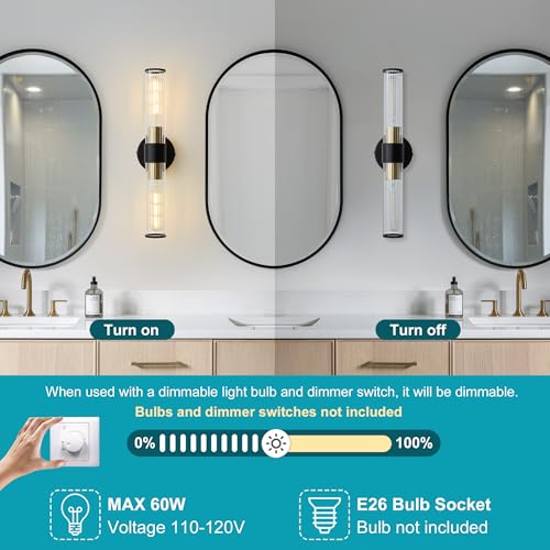 Image of Bathroom Light Fixtures, Black Gold Wall Sconce in Threaded Glass Vanity Light, Modern Bathroom Wall Light for Bedroom, Living Room - Bulb Not Included