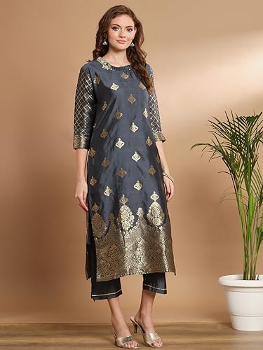 Image of VredeVogel Women's Cotton Silk Jacquard, Banarasi Silk Kurta Pant With Dupatta Set