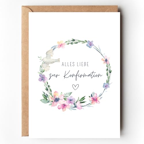 Glückwunschkarte zur Konfirmation floral Konfirmationskarte für Mädchen mit Blumenkranz Aquarell Grußkarte zur Konfirmation Feier A6 mit Umschlag für Geld Geschenk (1 Karte mit Kuvert)