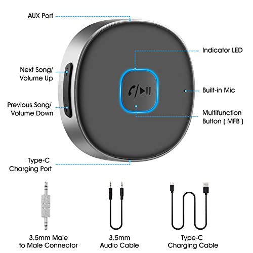 Bluetooth Aux Receiver for Car, Portable 3.5mm Aux Bluetooth Car Adapter, Bluetooth 5.0 Wireless Audio Receiver for Car Stereo/Home Stereo/Wired Headphones/Speaker, 16H Battery Life