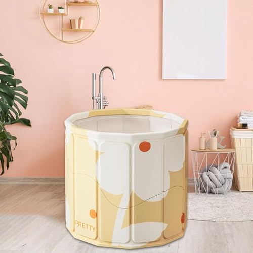 Image of Lexara Portable Folding Bathtub for Bathroom - Large Freestanding Soaking Tub with Thick Insulated, Ice & Hot Spa Tub, Collapsible Cold Plunge Therapy, Muscle Recovery Tub (Yellow Flower Bucket)