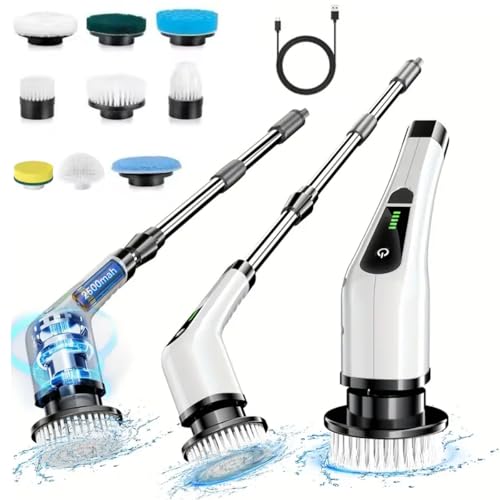Homblizz Electric Spin Scrubber, Cordless Waterproof Bathroom Scrubber with 9 Replaceable Heads, 2 Speeds and Upgraded Extension Handle, Shower Cleaning Brush for Bathtub, Tile, Floor & Kitchen