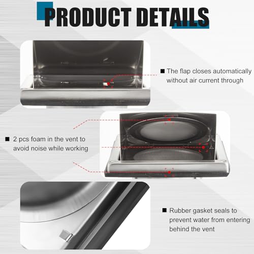 Image of Gisafai 4 Inch Dryer Vent Cover Outdoor with Fine Mesh Stainless Steel Screen Silver Wall Dryer Exhaust Vent Cover External Cap Cushioned Non Return Flap with Sealing Gasket Grille, Bird /Insect Proof