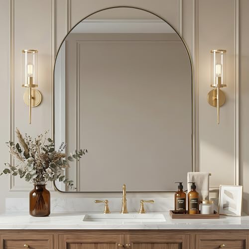 Image of ANDY STAR Arched Mirror, 36 x 48 Inch Brushed Gold Wall Mirror in Stainless Steel Metal Frame, Arch Top Rounded Corner 1 Inch Deep Set Design Wall Mount Hangs Vertical