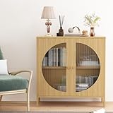 furlinkhm Accent Storage Cabinets Set for 2, Boho Sideboard Buffet Cabinets with 2 Glass Doors, Cupboard Console Table, Liquor Cabinet, Bar Cabinet for Living Room/Dining Room/Hallway,Oak